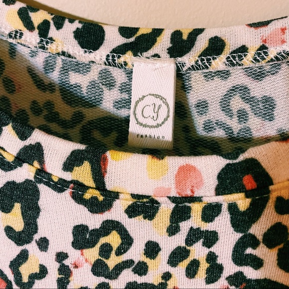 CY Fashion Leopard Print Top With Puffy Sleeves Yellow Pink White Black Large - Picture 3 of 7